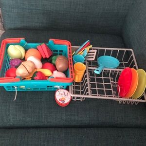 Play Food Set with Basket & Dishes with Drying Rack Set